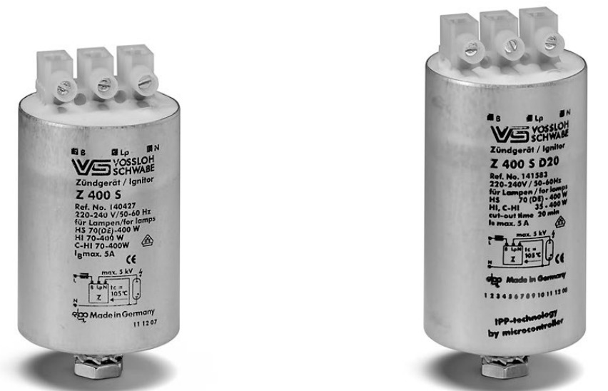 Electronic Superimposed Ignitors for HS Lamps 70 (DE) to 400 W and HI Lamps 35 to 400 W